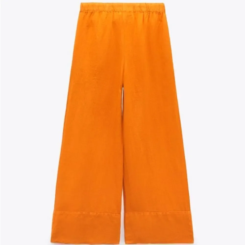 Zara Orange 100% Linen Palazzo Pants New